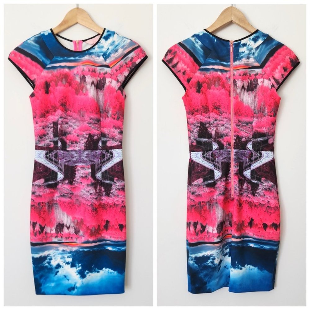 Ted Baker Road To‎ Nowhere Dress Barbiecore Pink Blue Graphic Mini Ted 0 US 2